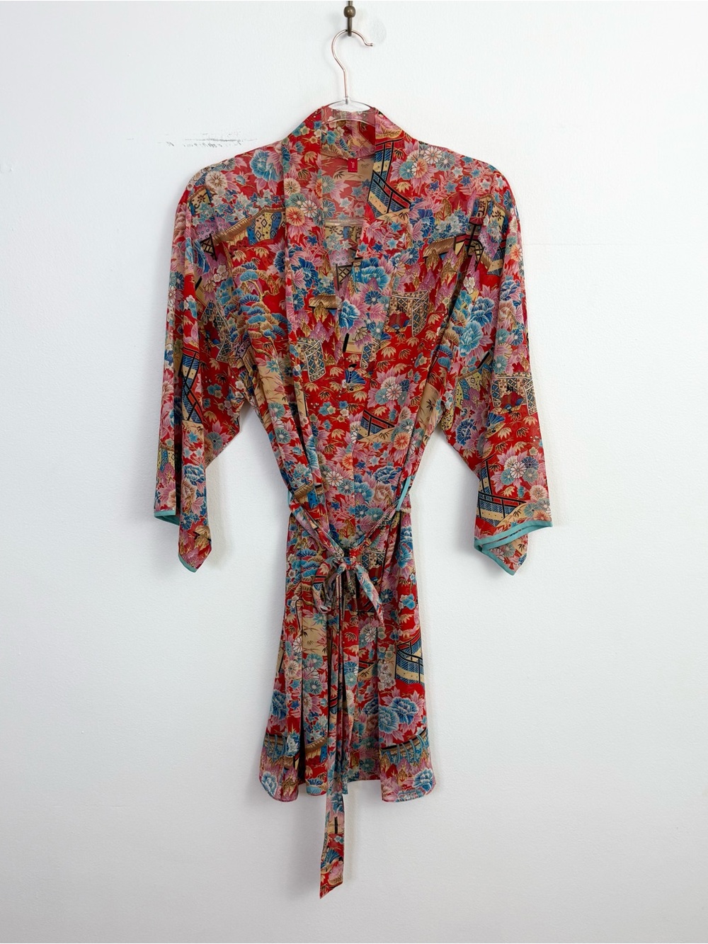 Vintage Y2K Natori Josie Floral Kimono Robe Red Multicolor Chinoiserie Print